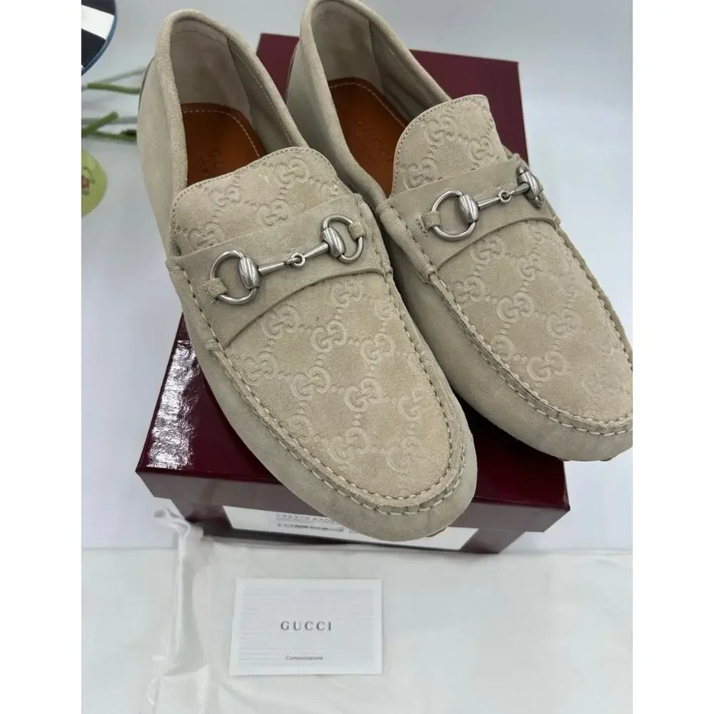 Men's Gucci GG embossed oatmeal suede driver loafers size 11 fits 11.5 US